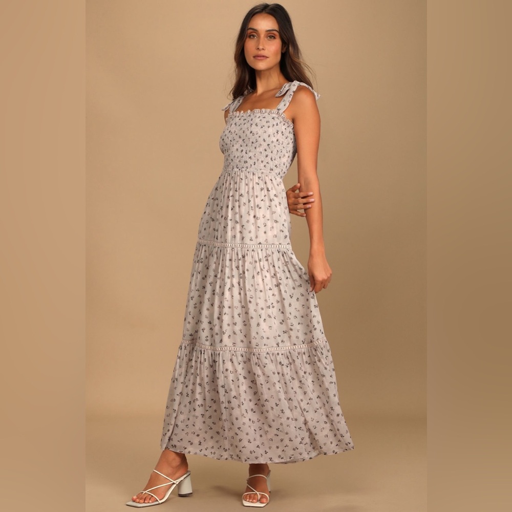Lulu's Gray Smocked Tiered Maxi Dress Wedding Guest